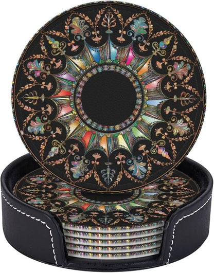 Drink Coasters with Holder Stand Set of 6, Mandala Flourish Floral Pu Leather by Unknown