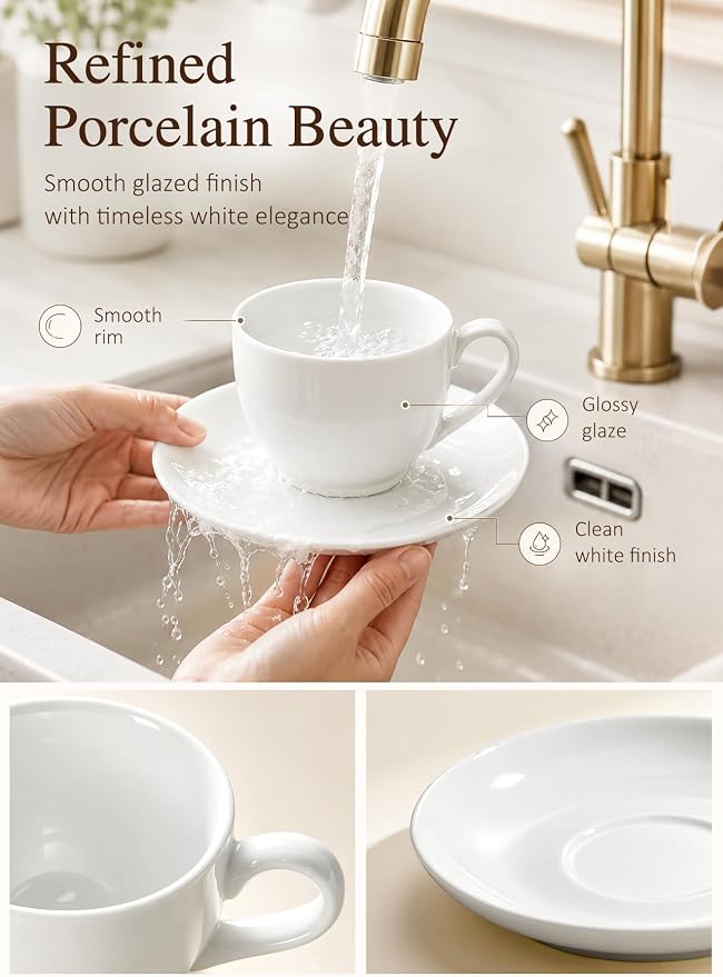Porcelain Coffee Cups Set with Saucer, 6 Ounce, - Image 9