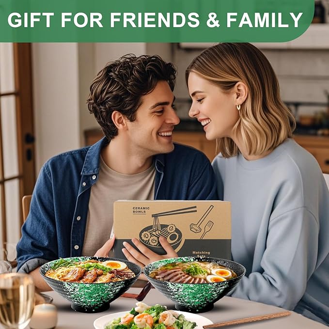 9.4Inch Ceramic Ramen Bowl Set of 4 (17 Piece) - Porcelain Japanese Salad Noodles Cereal Fruit Pasta Soup Large Bowls with Recipes Chopsticks Forks Spoons for Men Women Gift Microwave Dishwasher Safe
