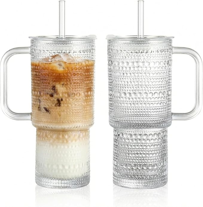 20 oz Glass Tumbler with Lid and Straw, Glass Iced Coffee Cups, Spill-proof by Unknown