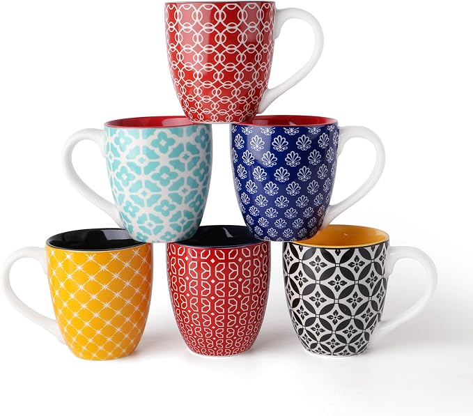 DOWAN 16 OZ Boho-Mosaic Coffee Mugs Set of 6, Large Ceramic Coffee Mugs by DOWAN