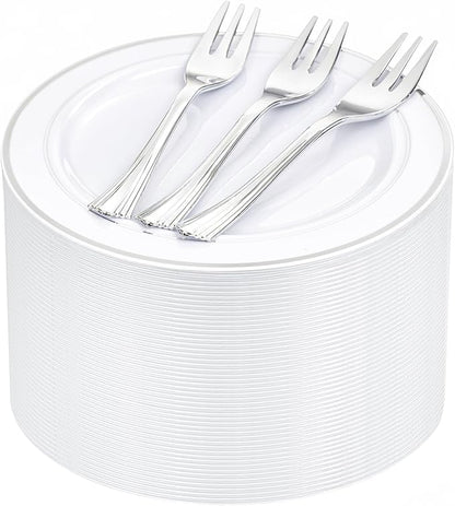 WELLIFE 240PCS Silver Plastic Dessert Plates - Includes 120PCS Silver Forks, 120PCS 6.3 Inch Salad & Appetizer Plates - Perfect for Wedding & Party