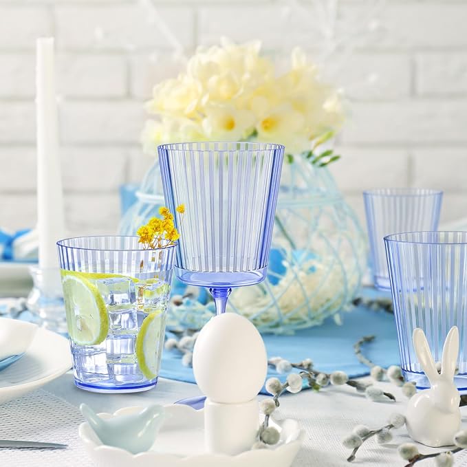48 PCS Plastic Ribbed Drinking Glasses 10oz Blue Vintage Ripple Stemless Wine - Image 8