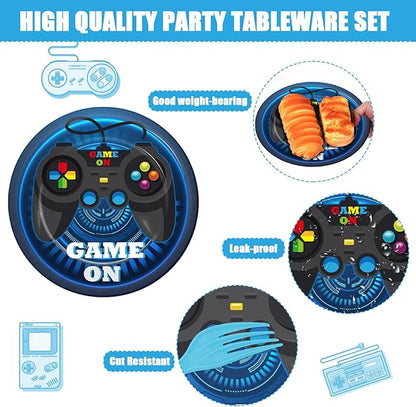 gisgfim 200 Pcs Video Game Party Favors Supplies Paper Plates and Napkins Gaming Birthday Party Decorations for Kids Gaming Serves 50