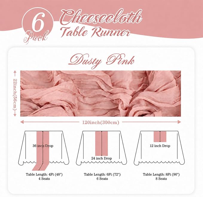 6 Pack Dusty Pink Cheesecloth Table Runner 22x120 Inch Gauze Table Runners | - Image 2