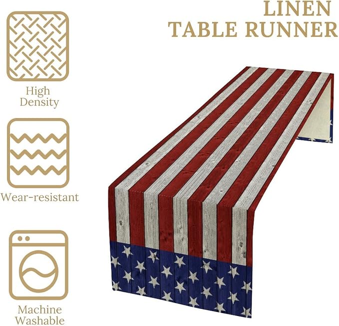 American Flag Table Runner, 4th of July USA Rustic Vintage Wooden Blue Red - Image 4
