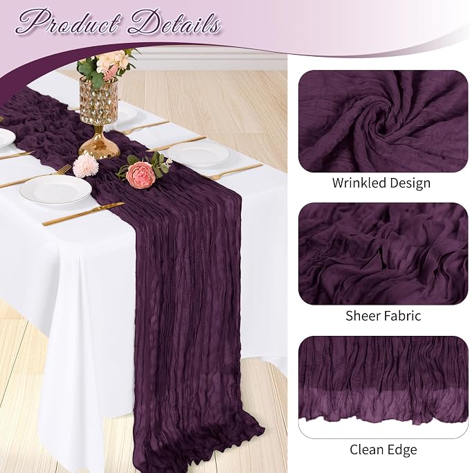 6 Pack Dark Purple Cheesecloth Table Runner, 17 x 108 inch, Semi Sheer Boho - Image 4