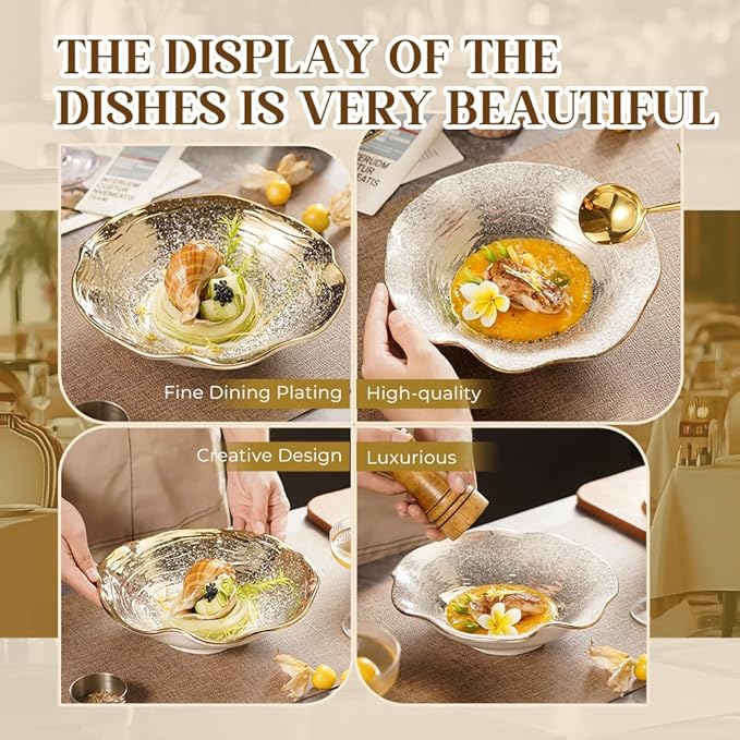 Gradient Gold Artistic Ceramic Bowl Set of 4, 9.3-Inch Lotus Edge Porcelain Bowls with Starburst Design, 23.5cm Food-Safe Dining & Gift Bowls