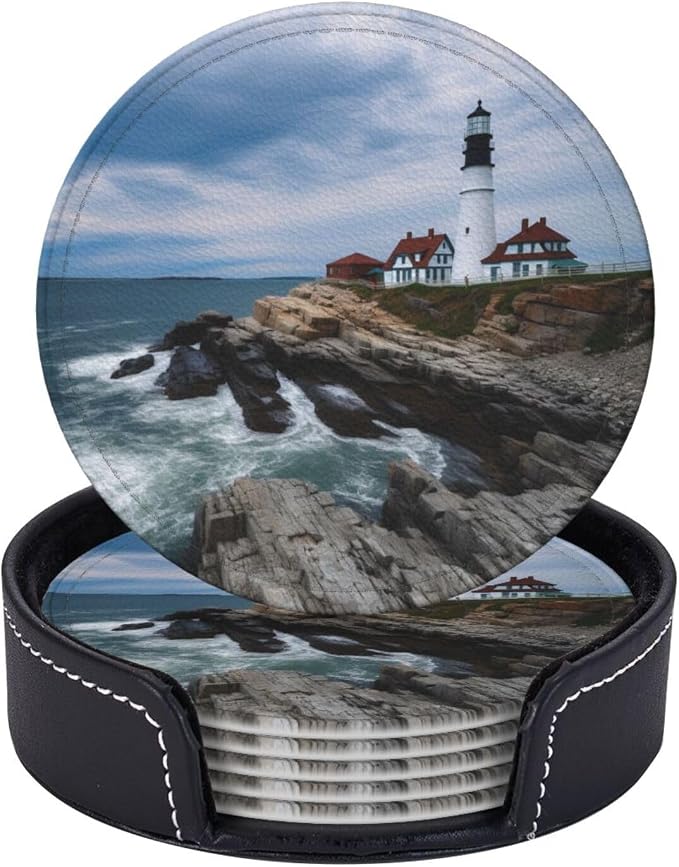 Lighthouse Beach Sky Leather Coasters Set of 6 - Image 2