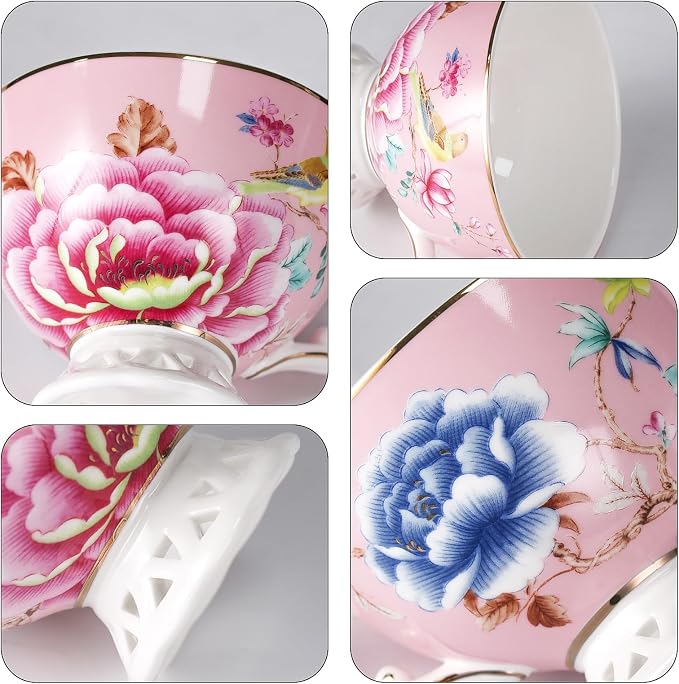 KAMMAK Tea Cups and Saucers Set of 2, Fine Bone China Coffee Cups, GH019 | - Image 9