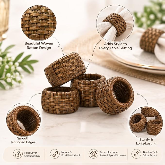 Jute Cane Napkin Rings, Walnut | Plastic & cane, 2.25x2.25x1.5 in each - Image 6