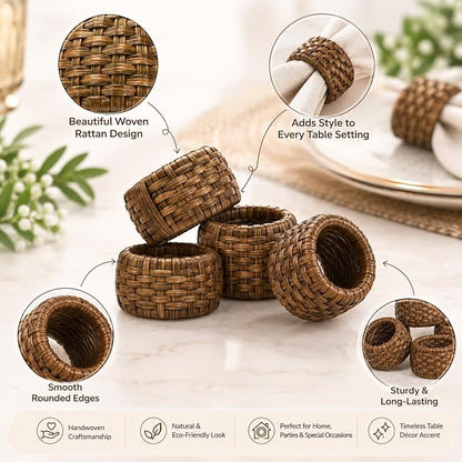 Jute Cane Napkin Rings, Walnut | Plastic & cane, 2.25x2.25x1.5 in each - Image 6
