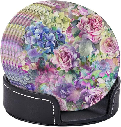 Watercolor Rose Flowers Leather Coasters Set of 6 - Image 9