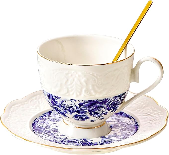 TATSUMI Interglio Embossed Bone China Tea Cup and Saucer Set, 3 Pieces Vintage by TATSUMI