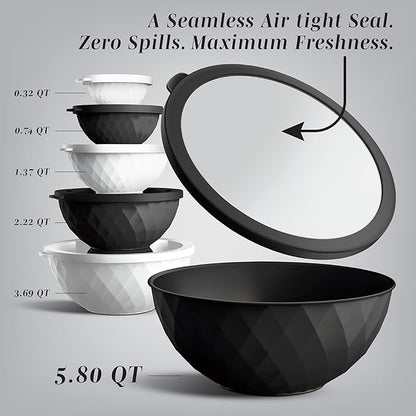 COOK WITH COLOR Mixing Bowls with Lids - 12 Piece Plastic Nesting Bowls Set includes 6 Prep Bowls and 6 Lids, Diamond Design - Microwave Safe, Black and White