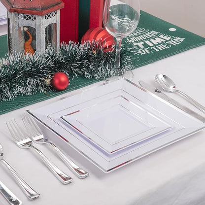 Liacere 100PCS White and Silver Square Plastic Plates - 50PCS Heavy Duty 9.5inch White Dinner Plate and 50PCS 6inch Dessert Plates-Silver Disposable Plate for Party＆Wedding＆New Year&Chrismas