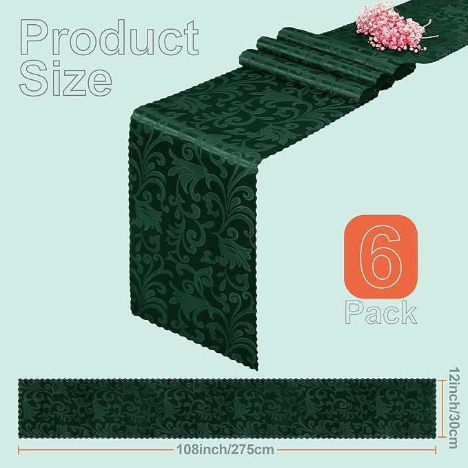 Green Satin Table Runner 12 x 108 Inch, 6 Pack | Bright Smooth Damask, Silky - Image 3