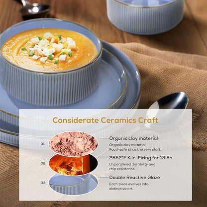Romswi Stoneware Dinnerware Sets 18Pcs, Ceramic Plates and Bowls Set for 6, Chip & Scratch Resistant Ribbed Dish Set, Handmade Reactive Glaze, Oven, Microwave & Dishwasher Safe, Gray Blue