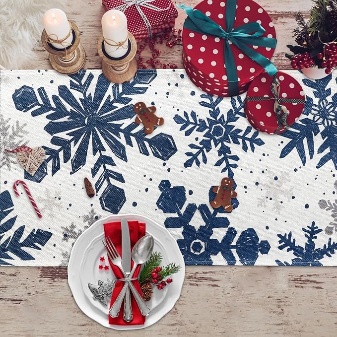 Blue Christmas Winter Table Runner, Xmas Dinning Decor | Sliver Snowflakes - Image 5
