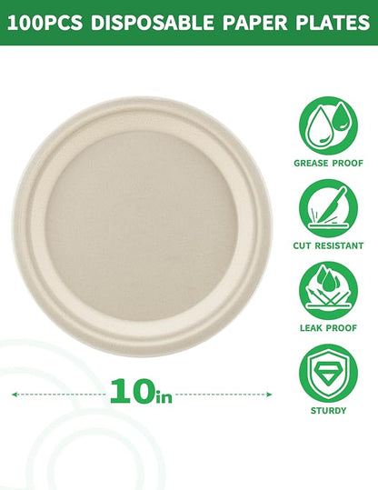 100% Compostable 10 Inch Large Paper Plates [100 Pack Bulk] - Heavy Duty & Leak-Resistant Disposable Plates Made of Sugarcane Bagasse | Perfect for Dinner, Catering, Parties, Wedding & Birthday