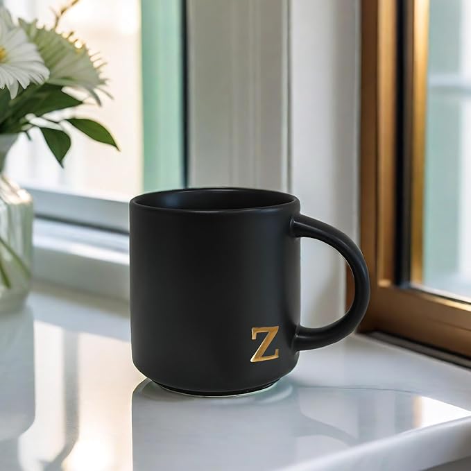 COLLECTIVE HOME Black Ceramic Coffee Mug, 15 oz Golden Monogram Tea Cup | - Image 6