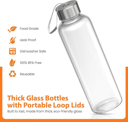 Epica Clear Glass Bottles with Lids, 18 oz Water Bottles, Loop Caps | Reusable - Image 3