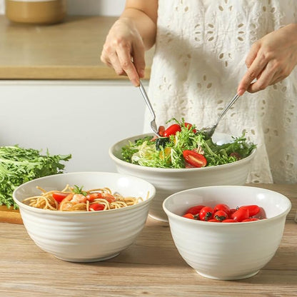 HASENSE Ceramic Mixing Bowls Set, 2.1/1.0/0.5 Qt, Handmade Salad Serving Bowls for Kitchen, Deep Nesting Dishes for Storage and Baking, Microwave Dishwasher Safe, Clay-Infused White