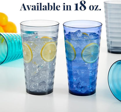US Acrylic Splash [Set of 16] 18 ounce Plastic Stackable Water Tumblers in 4 Coastal Colors Value Set of Drinking Cups, Reusable, BPA-free, Made in the USA, Top-rack Dishwasher Safe