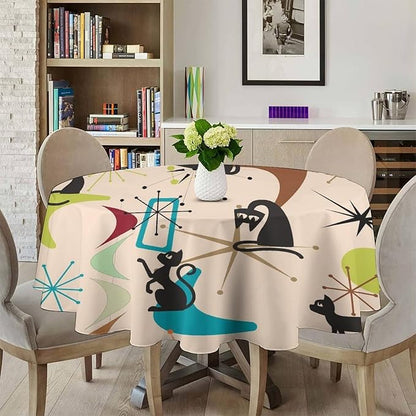Mid Century Black Cat Round Tablecloth, Bohemian Modern Colorful Abstract Geometric Retro Art Bohemian Tablecloth for Home Party Dining Room Kitchen Decor 70Inch(178cm)