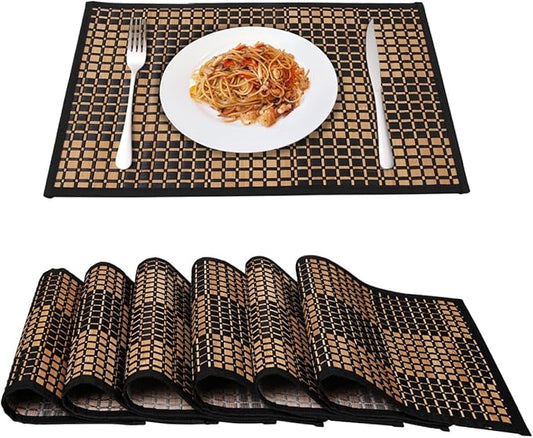 Placemats Set of 6 for Dining Table, Bamboo Place Mats for Kitchen Table Decor, Table Mats Heat Resistant & Non-Slip for Indoor/Outdoor Party, Table Placemats Set of 6 for Dinner Table Black