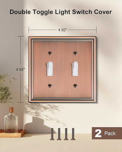 2-Pack Double Toggle Light Switch Cover Plate, Durable Solid Zinc Alloy Decorative Dual Switch Plate Covers, Antique Copper 2 Gang Wall Plate, Corrosion Resistant