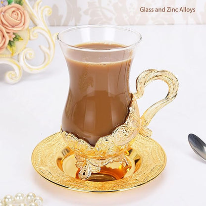 Pilipane Gold Coffee Cup and Saucer Set, Elegant European Carved Glass Teacup - Image 5