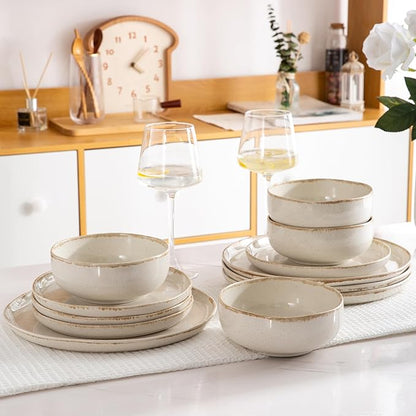 AmorArc Ceramic Dinnerware Sets, Wavy Rim Stoneware Plates and Bowls Sets, Highly Scratch Resistant | Dishwasher & Microwave Dishes set, Service for 4 (12pc)-Speckled Cappuccino)