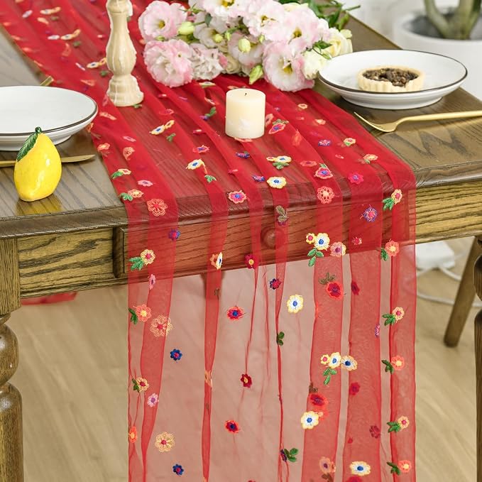 Artoid Mode 3PCS Red Embroidery Daisy Gauze Table Runner 120 Inch 10FT | by ArtoidMode