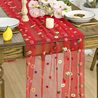 Artoid Mode 3PCS Red Embroidery Daisy Gauze Table Runner 120 Inch 10FT | by ArtoidMode