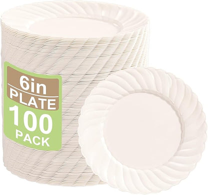 U-QE 100 Count 6 Inch Ivory Plastic Plates - Scalloped Dessert Plates Disposable - Premium Fancy Disposable Heavy Duty Party Supplies for Valentine's Day, Celebrations, Weddings and Events