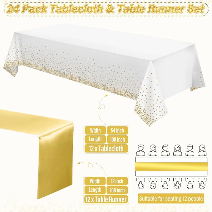 24 Pack White and Gold Tablecloth and Table Runner Set Party Decorations - Image 2
