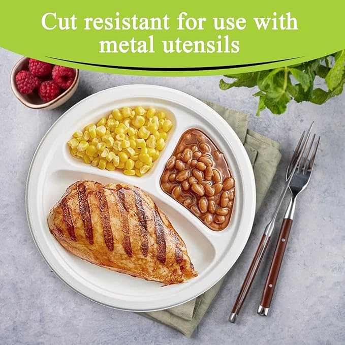 three leaf 10" 3 COMPARTMENT BAGASSE ROUND PLATE, 25 Ct. Heavy-Duty- Super Strong- Natural- Eco-Friendly Disposable Bagasse Plates, 100% Biodegradable 10 inch 3 compartment plates