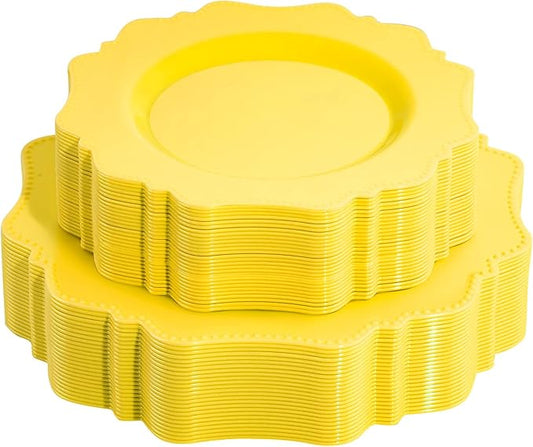 COLOSUS Disposable Lemon Yellow Plastic Plates 60Pcs, Thanksgiving Plastic Plates.,Light Baby Yellow Party Plates, Heavy Duty 30 Dinner plate 10.5" and 30 Salad/Dessert Plate 8.25" for Wedding,Party