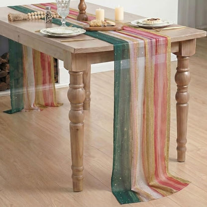 Artoid Mode Boho Green Red Stripes Christmas Chiffon Table Runner 120 Inches - Image 6