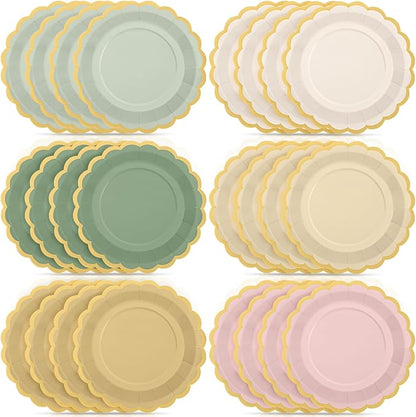 48 Pcs Sage and Pink Paper Plates 9 Inch Gradient Scalloped Paper Disposable Dinner Dessert Plates for Birthday Wedding Bridal Party Supplies, 6 Colors