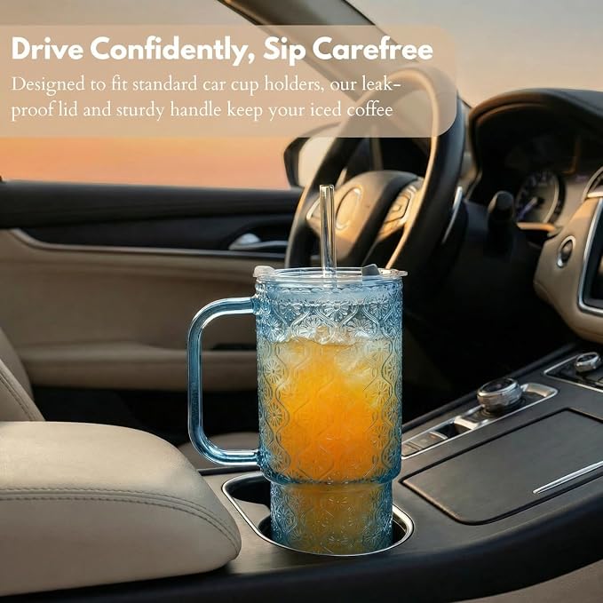 20 oz Blue Glass Tumbler with Lid and Straw, Glass Iced Coffee Cups, - Image 8