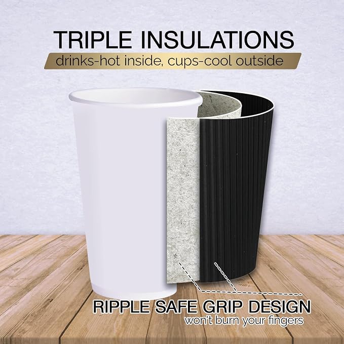 JollyPack Disposable Paper Coffee Cups, 12 oz, 60 Pack, Insulated Ripple Wall - Image 3