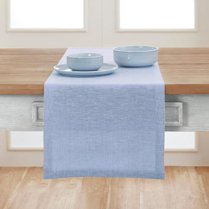 Solino Home 100% Pure Linen Table Runner Chambray Blue, Athena 14 x 108 in | - Image 2