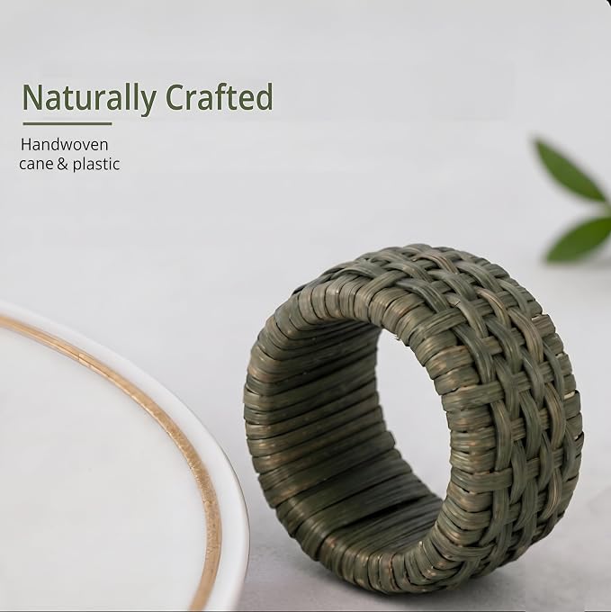 Artisan Cane Napkin Rings Set of 12, Earthy Woven Dinner Napkin Holders - Image 2