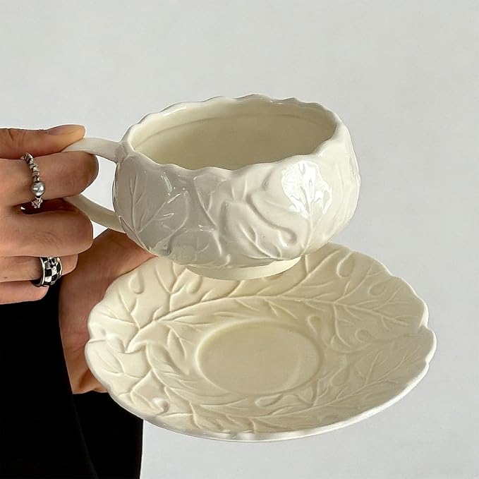 KAMMAK Tea Cups and Saucers Set of 2, 10 oz Porcelain Coffee Cups, SY005 | - Image 4