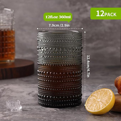 Moretoes 12 Pack 12 Oz Gray Hobnail Drinking Glasses Set, Water Glass Cups | - Image 3
