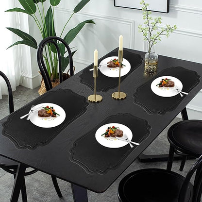 XINYUN Black Placemats Set of 6 Reversible Faux Leather Place Mat Wipeable Heat Resistant Non Slip Anti Oil Waterproof Eco-Friendly Table Mats Patio Placemats for Dining Table, Large