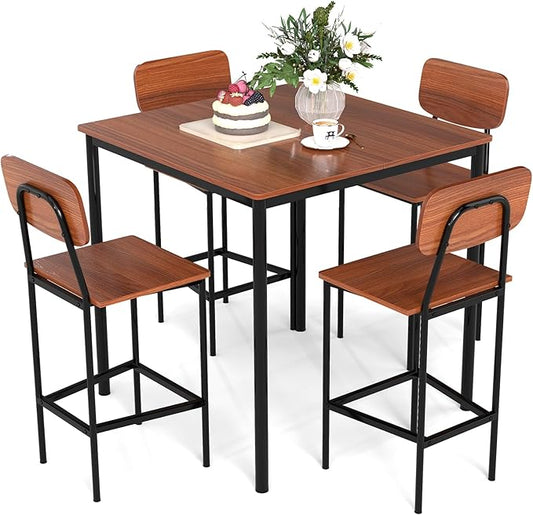 COSTWAY Dining Table Set for 4, 5-Piece Square Kitchen Nook Dinette Set with 4 Bar Stools with Footrest, Backrest, Space-Saving Design, Industrial Kitchen Table and Chairs for Apartment, Walnut