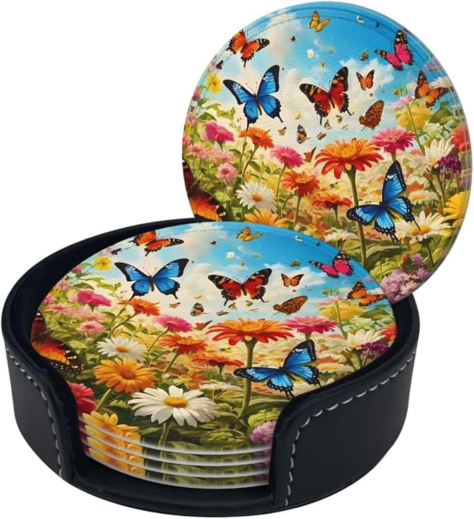 Drink Coasters with Holder Stand Set of 6, Bright Flower Butterfly Pu Leather - Image 7